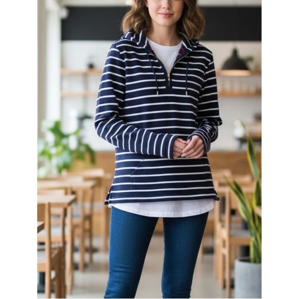 Lauren Ralph Lauren Striped Navy Blue 100% Cotton Pullover Hoodie Womens Medium
